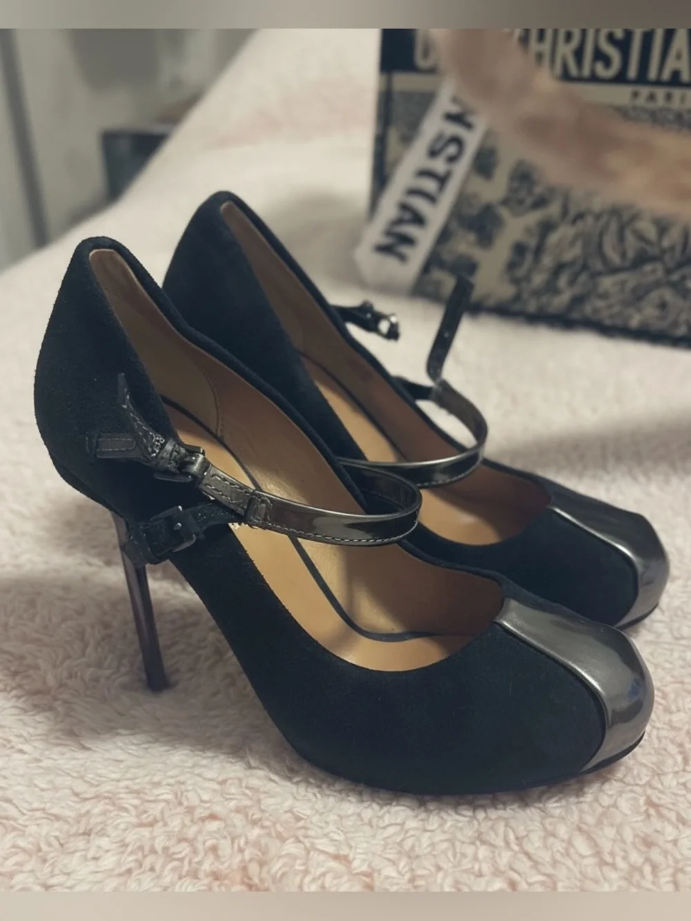 L.A.M.B. Peggy Oil slick and suede high heels platform iridescent